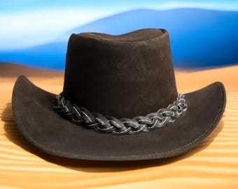 Men Black Leather Cowboy Hat with Braided Band Western Style