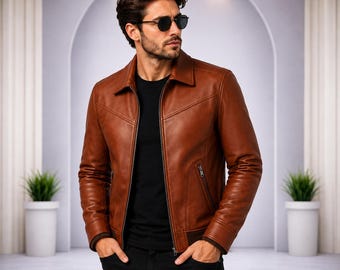 Jaqueta bomber masculina de couro marrom, minimalista e casual.