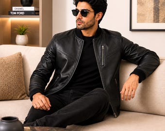 Schwarze Leder Bomberjacke für Herren, lässige minimalistische Slim Fit Winterbekleidung