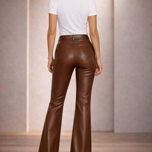 Women’s Brown Leather Pants, High Waist Wide Leg Handmade Trousers Fashion image 2