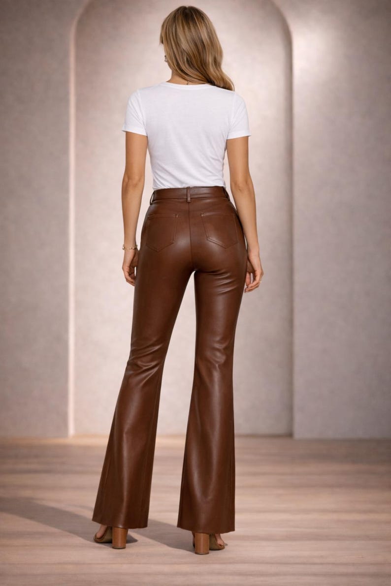 Women’s Brown Leather Pants, High Waist Wide Leg Handmade Trousers Fashion image 2