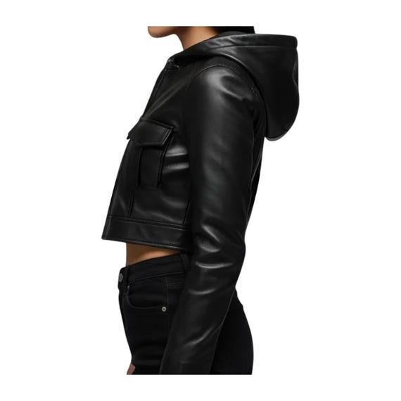 レディース ブラックレザー クロップドジャケット | フード付き