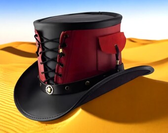 Leather Steampunk Top Hat Black and Red Gothic Victorian Festival Wear