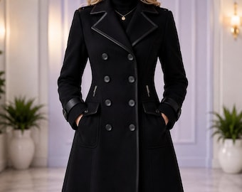 Womens black wool trench coat long double breasted winter minimalist jacket