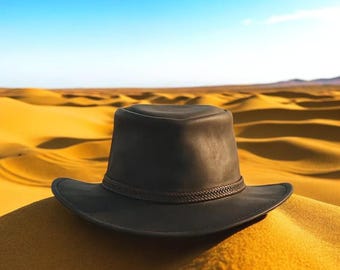 Handmade Black Leather Outback Hat with Wide Brim and Braided Band Western Cowboy
