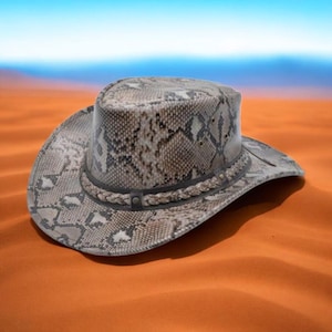 May include: A cowboy hat with a snakeskin pattern in shades of gray and brown. The hat has a wide brim and a decorative band around the crown. The hat is set against an orange and blue background.