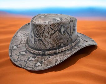 Men’s Snakeskin Pattern Leather Outback Hat, Western Cowboy Style Handmade Hat