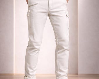 Men’s White Leather Pants Slim Fit Handmade Stylish Jeans | Modern Streetwear