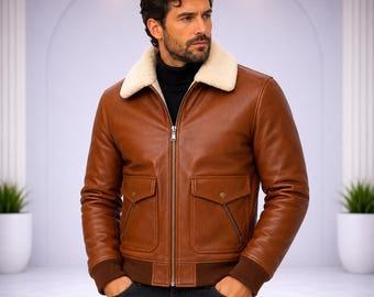 Men’s Brown Leather Bomber Jacket, Shearling Collar Winter Coat, Casual Wear