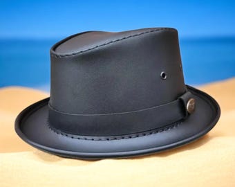 Handgemaakte zwarte leren fedora: Western Outback Rancher-hoed
