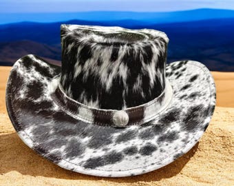Handmade Black White Cowhide Leather Cowboy Hat Western Outback Style Unisex