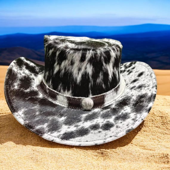 Handmade Black White Cowhide Leather Cowboy Hat Western  display picture 2