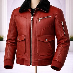 Men’s Red Leather Jacket Fur Collar Bomber Style Winter Casual Wear