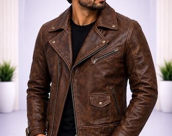 Men’s Brown Leather Biker Jacket Vintage Motorcycle Style Distressed Casual Coat