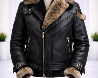 Black Leather Bomber Jacket for Men with Brown Fur Collar Winter Wear