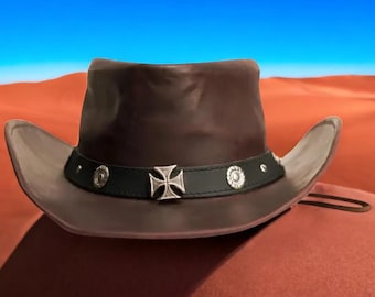 Handmade Leather Cowboy Hat, Genuine Black Cowhide, Chain  display picture 3