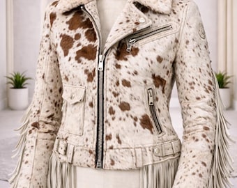Women’s Cowhide Leather Fringe Jacket Western Style Brown White Cropped Coat