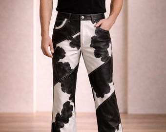 Herren-Rindslederhose, schwarz-weißes Haar auf Versteck Western-Cowboyhose