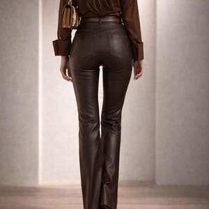 Women’s Brown Leather Pants, High Waist Straight Fit, Handmade Casual Wear image 2