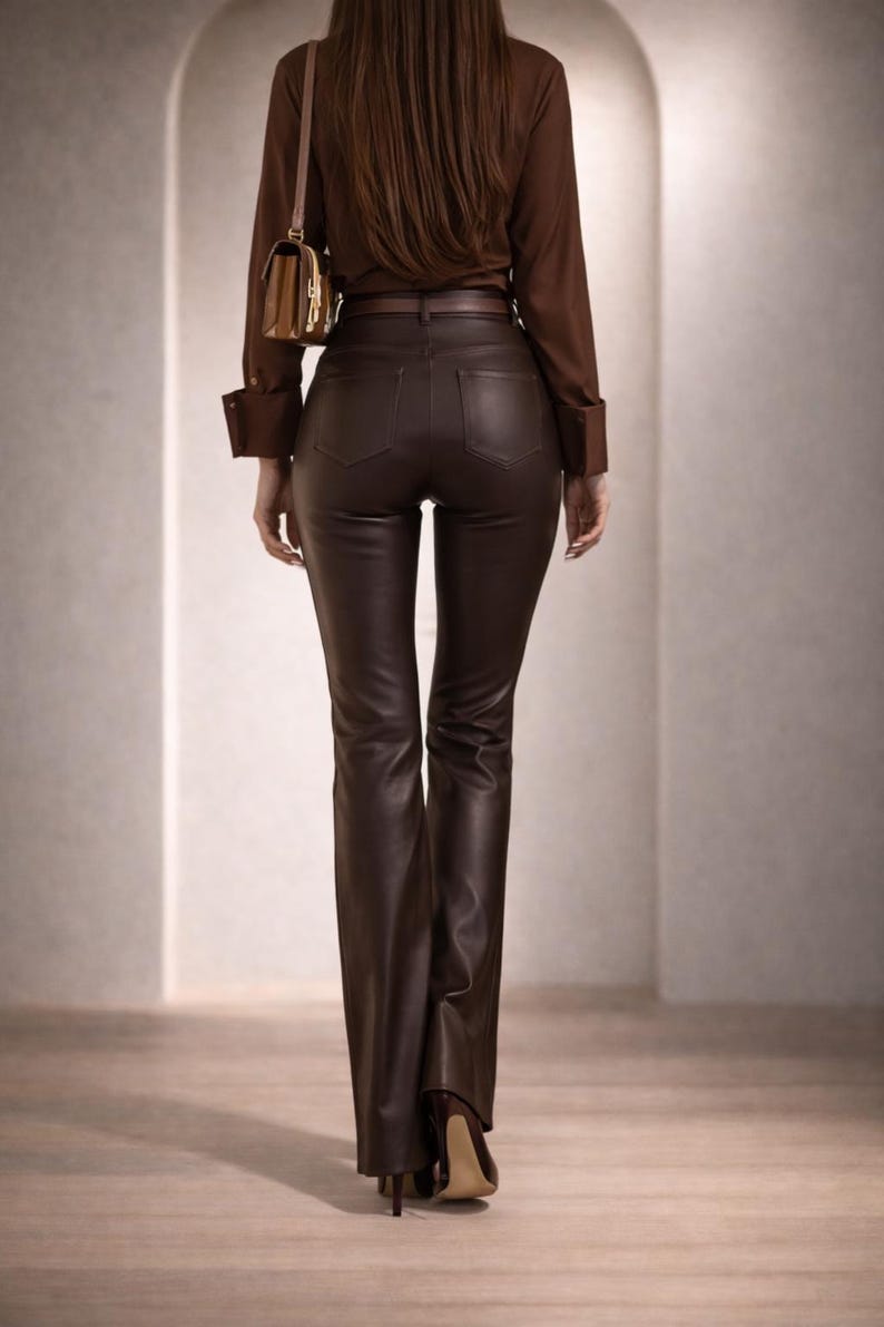 Women’s Brown Leather Pants, High Waist Straight Fit, Handmade Casual Wear image 2