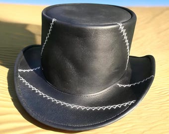 Black Leather Steampunk Top Hat with White Stitching Gothic Festival Wear