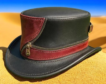 Handmade Leather Steampunk Top Hat: Black & Burgundy Gothic Cosplay