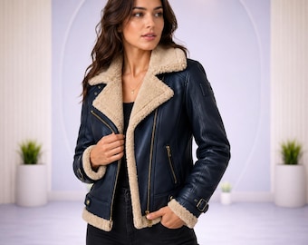 Womens blue shearling leather jacket Faux fur winter aviator biker warm coat