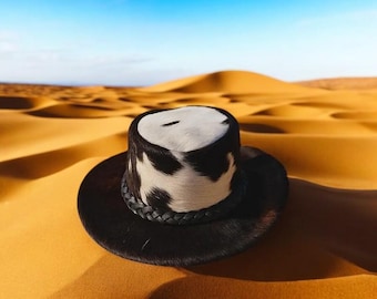 Leather Cowboy Hat Black and White Cowhide Top Hat with Braided Band  Unisex