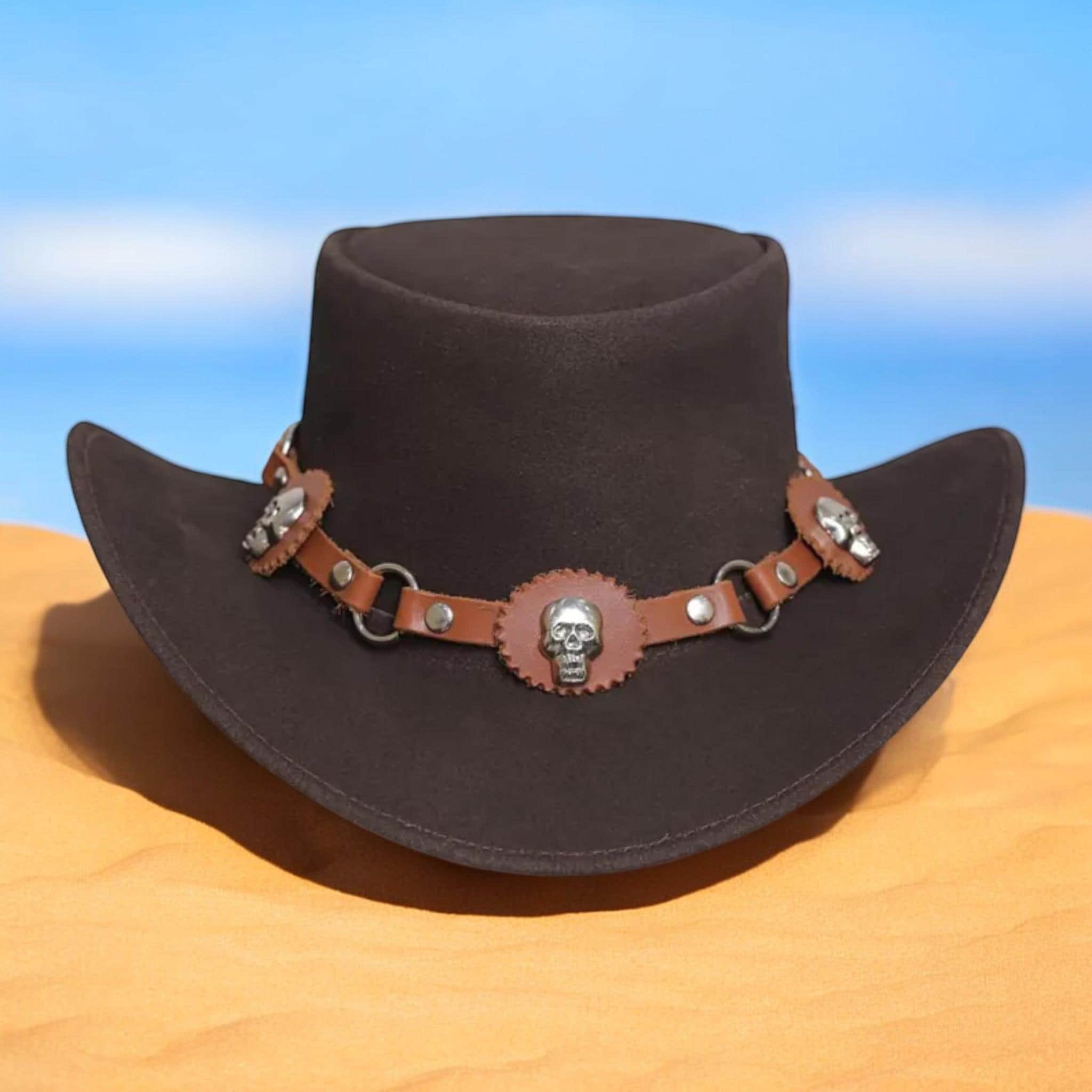 Brown Leather Western Hat with Concho Band - Men or Women Rough Rider Leather Concho Hat Band main image 4