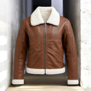 Men’s Brown Leather faux Shearling Jacket | Aviator Bomber Coat Winter Wear