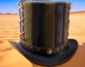 Może przedstawiać: Kapelusz w stylu steampunk z czarnym rondem i koroną. Kapelusz posiada pionowe panele z oliwkowej zieleni, czarnej i brązowej skóry, sznurowane brązowym sznurkiem. Ozdobna zębatka znajduje się z przodu ronda.