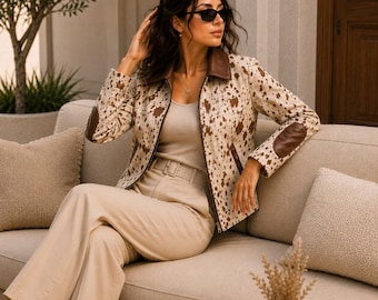 Chaqueta de piel de vaca con pelo para mujer, estilo western, con estampado de vaca y cremallera, color beige.