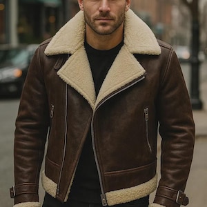 Men’s Brown Shearling Leather Bomber Jacket Winter Faux Fur Aviator Style Coat