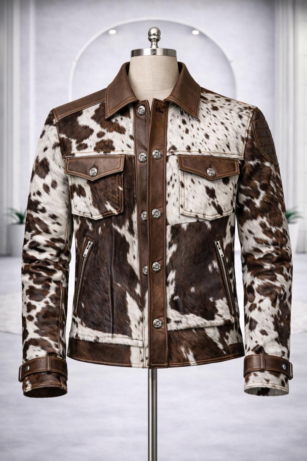 Man's Cowhide Leather Jacket | Western Patchwork Brown White Hair