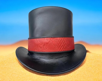 Zwarte leren hoge hoed met rode steampunk-gotische hoed met slangenleerpatroon