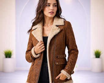 Womens brown suede faux fur shearling coat western long winter wear ranch outerwear
