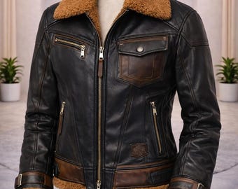 Women’s Black Leather Bomber Jacket with Brown Collar Faux Fur Winter Wear