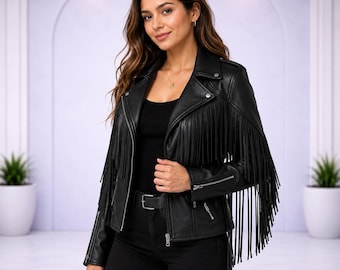 Women’s Black Leather Fringe Jacket Western Cropped Cowgirl Style Fashion