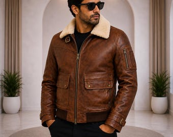 Mens brown leather bomber jacket shearling collar aviator winter warm coat