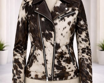 Women’s Cowhide Leather Jacket Brown White Hair-On Hide Bomber Western Coat