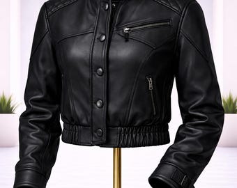 Womens black cropped leather jacket minimalist streetwear casual fashion coat
