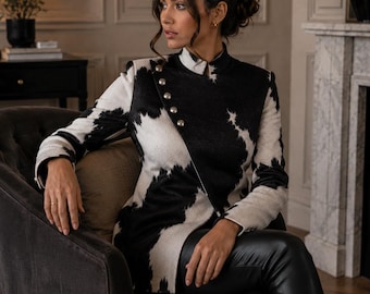 Jaqueta feminina de couro bovino com pelo | Casaco de estilo western preto e branco