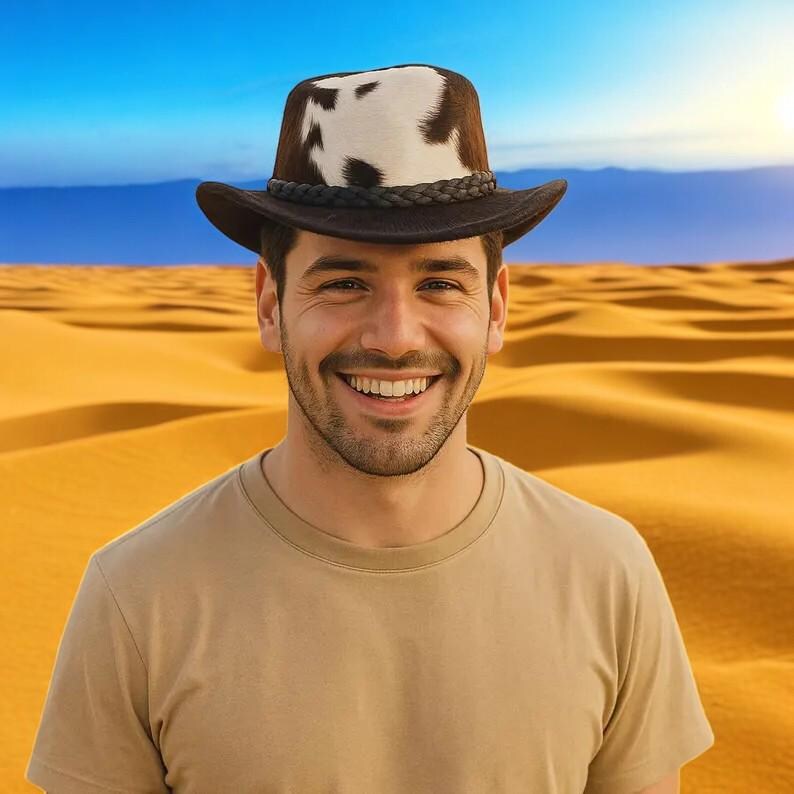 Op de afbeelding: Een bruine cowboyhoed met een wit en bruin koeienhuid kruin en een gevlochten band. De hoed heeft een brede rand. De achtergrond is een woestijnlandschap met een blauwe lucht. De hoed wordt door een persoon gedragen.