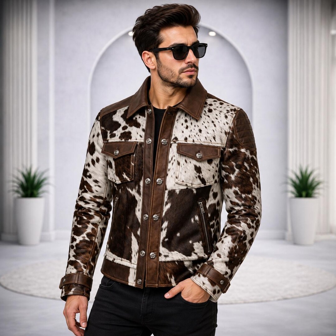 Man's Cowhide Leather Jacket | Western Patchwork Brown White Hair