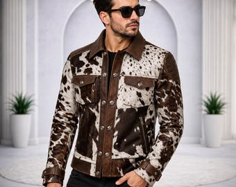 Man's Cowhide Leather Jacket | Western Patchwork Brown White Hair