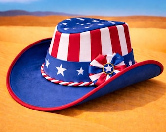 Handmade USA Flag Leather Cowboy Hat Red White Blue Patriotic Style