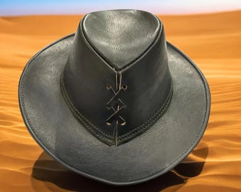 Men’s Black Leather Cowboy Hat, Handmade Western Outback Style Fedora