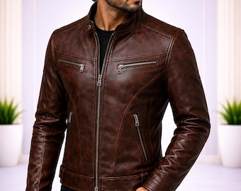 Mens brown leather biker jacket slim fit motorcycle riding casual outerwear