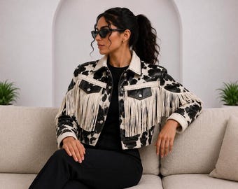 Women’s Black White Cowhide Leather Western Fringe Jacket Festival Outfit