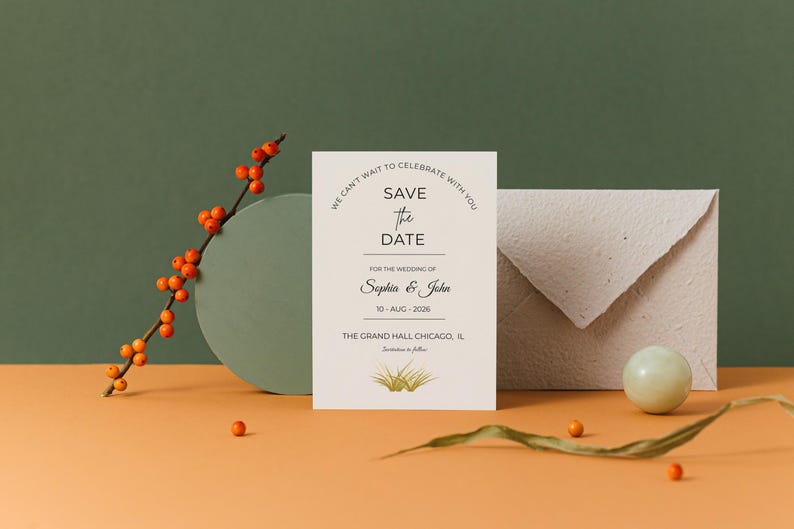 **Alt Text:**
Minimalist save the date wedding invitation card with matching envelope, styled on a modern pastel backdrop with decorative berries and elegant wedding stationery details, perfect for wedding announcement and bridal event planning.